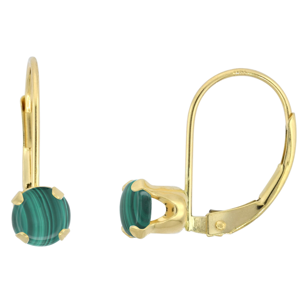 10K YELLOW GOLD NATURAL MALACHITE LEVERBACK EARRINGS 5MM ROUND 1 CT, 9/16 INCH