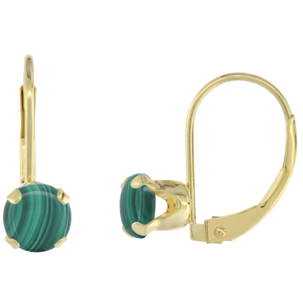 10k Yellow Gold Natural Malachite Leverback Earrings 6mm Round 1.5 ct, 9/16 inch