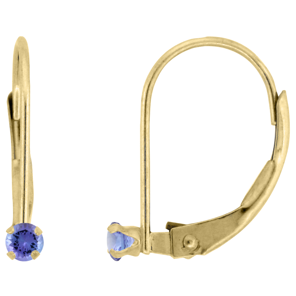 10K YELLOW GOLD NATURAL TANZANITE LEVERBACK EARRINGS 2MM ROUND 0.08 CT, 9/16 INCH