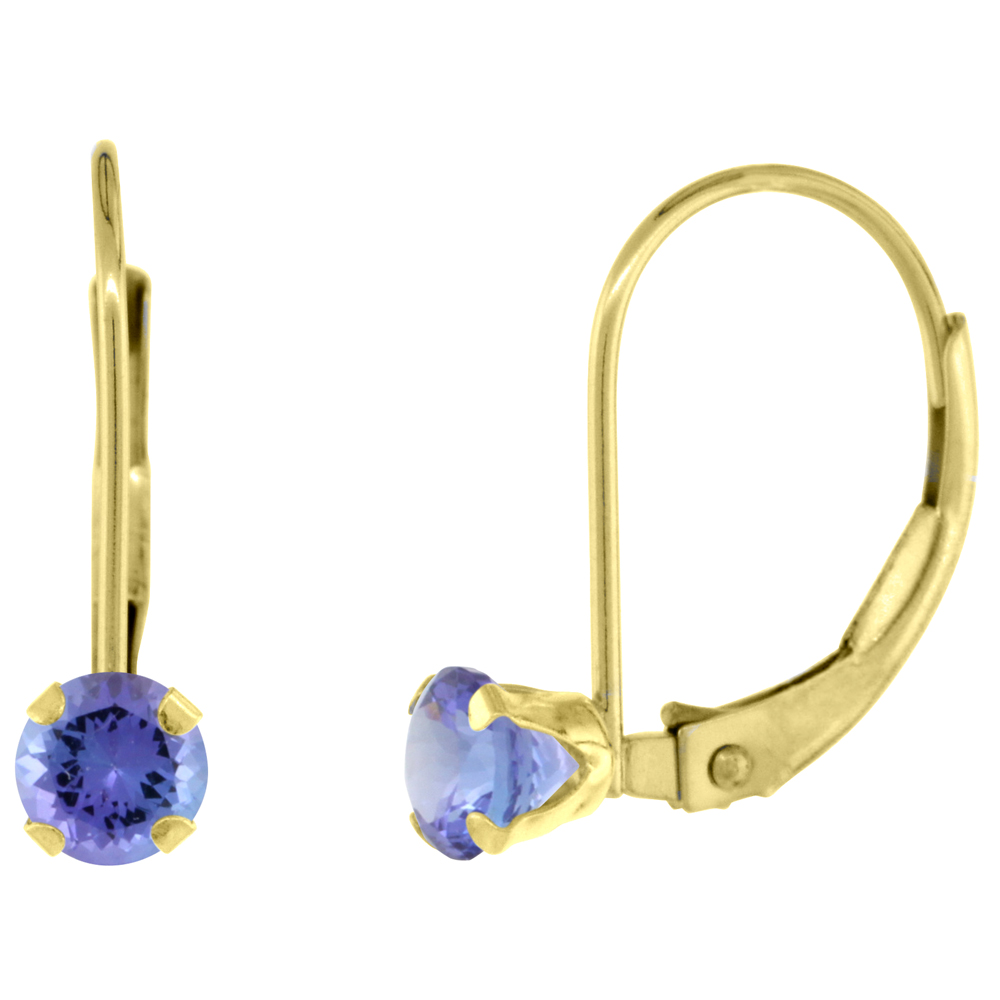 10k Yellow Gold Natural Tanzanite Leverback Earrings 4mm Round 0.50 ct, 9/16 inch