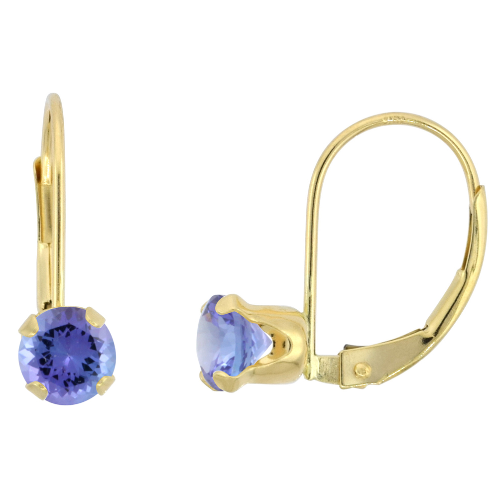 10K YELLOW GOLD NATURAL TANZANITE LEVERBACK EARRINGS 5MM ROUND 1 CT, 9/16 INCH