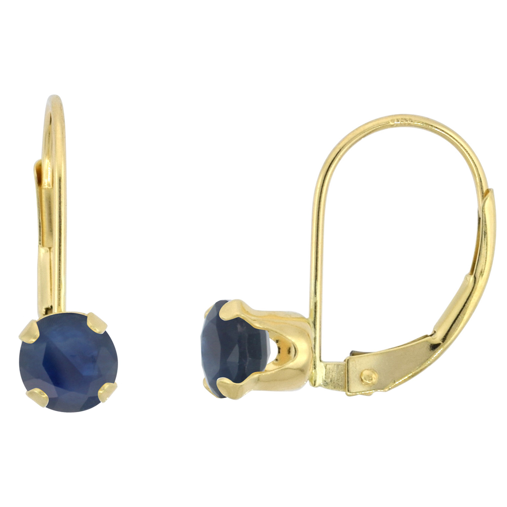 10k Yellow Gold Natural High Quality Blue Sapphire Leverback Earrings 5mm Round 1 ct, 9/16 inch