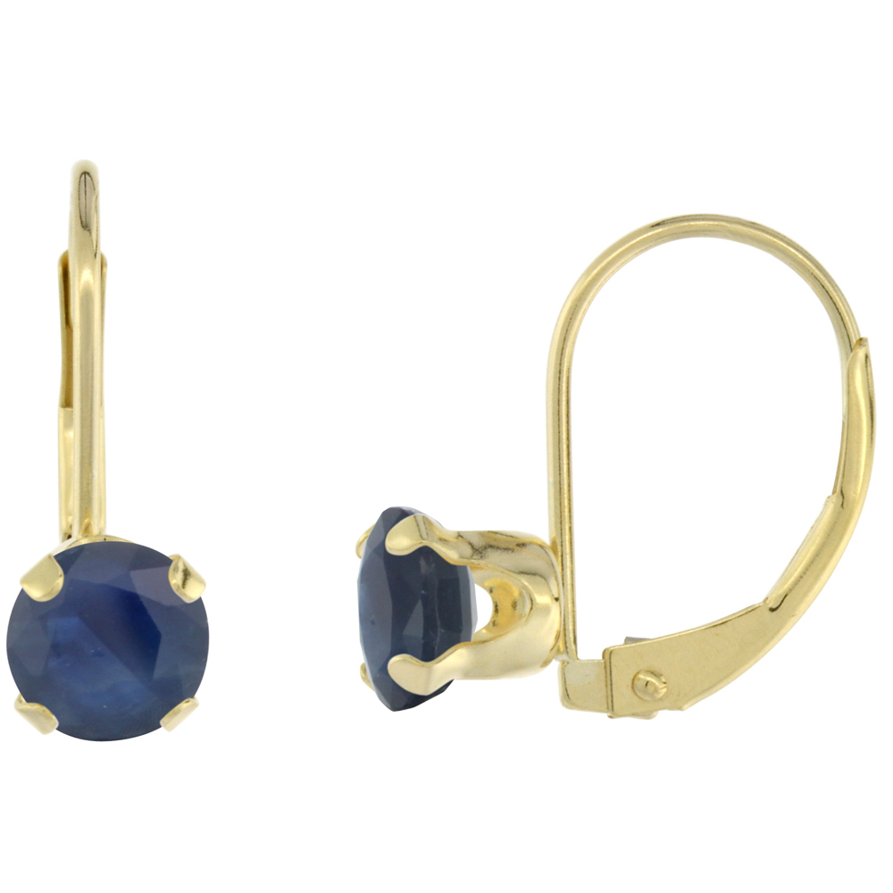 10k Yellow Gold Diamond Natural Quality Blue Sapphire Leverback Earrings 6mm Round 1.5 ct, 9/16 inch