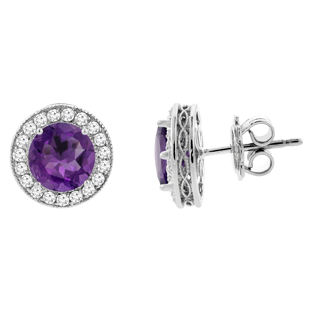 14K WHITE GOLD DIAMOND HALO GENUINE AMETHYST EARRINGS 0.6 CTTW 6MM ROUND, 1/2 INCH