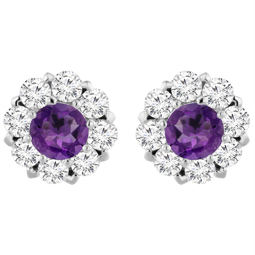 14K White Gold Natural Amethyst Earrings with Diamond Halo Round 6 mm