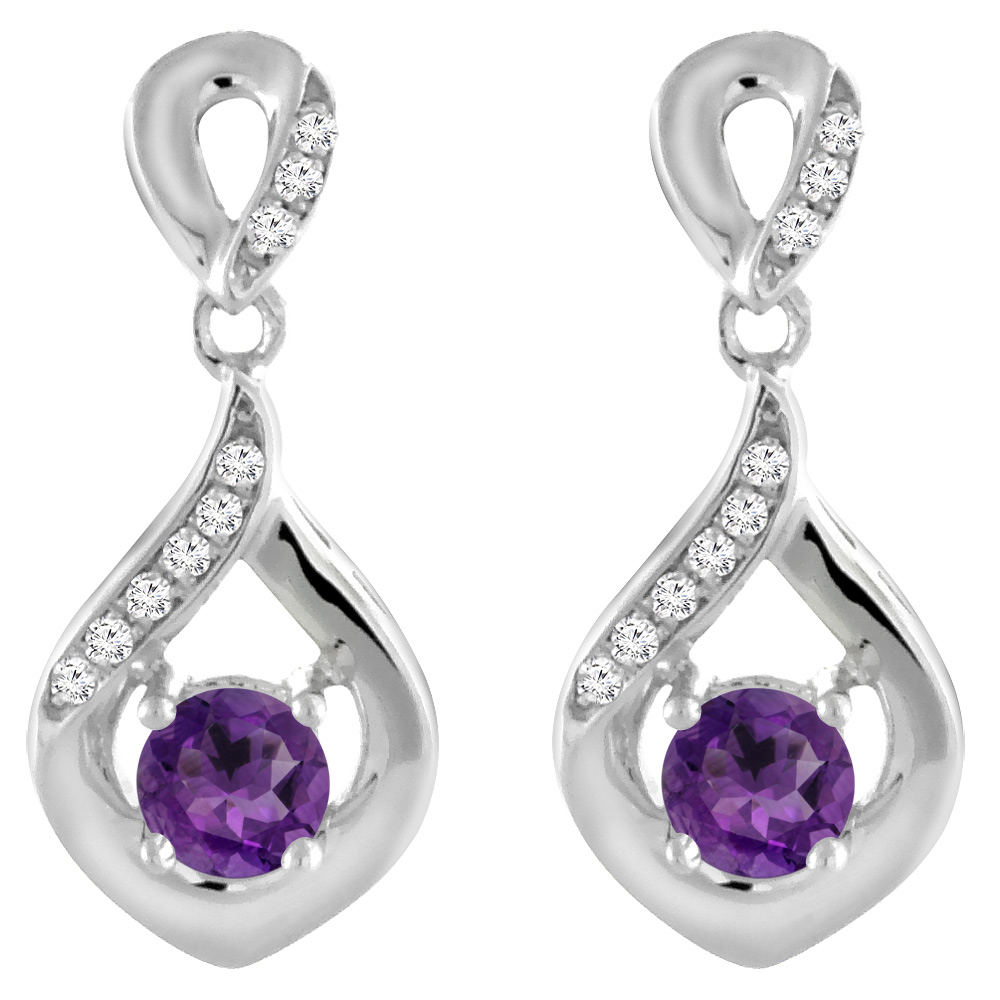 14K White Gold Natural Amethyst Earrings with Diamond Accents Round 4 mm