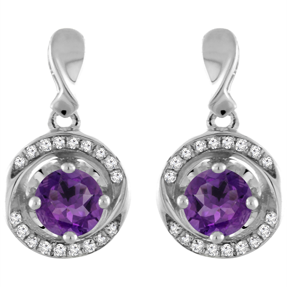 14K White Gold Natural Amethyst Earrings with Diamond Accents Round 4 mm