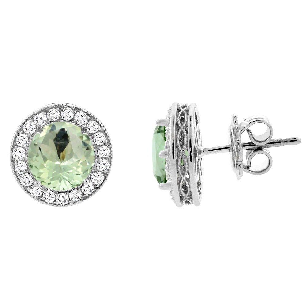 14K WHITE GOLD DIAMOND HALO GENUINE GREEN AMETHYST EARRINGS 0.6 CTTW 6MM ROUND, 1/2 INCH