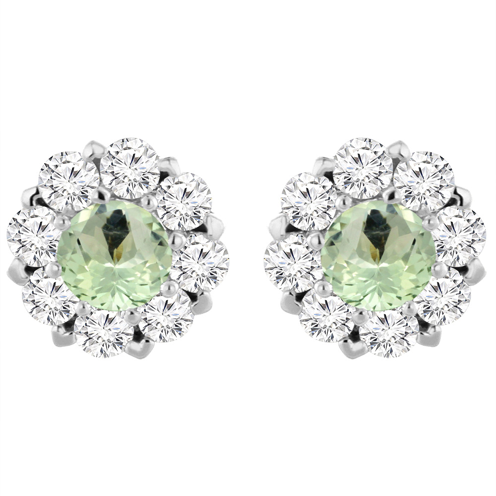 14K WHITE GOLD NATURAL GREEN AMETHYST EARRINGS WITH DIAMOND HALO ROUND 6 MM