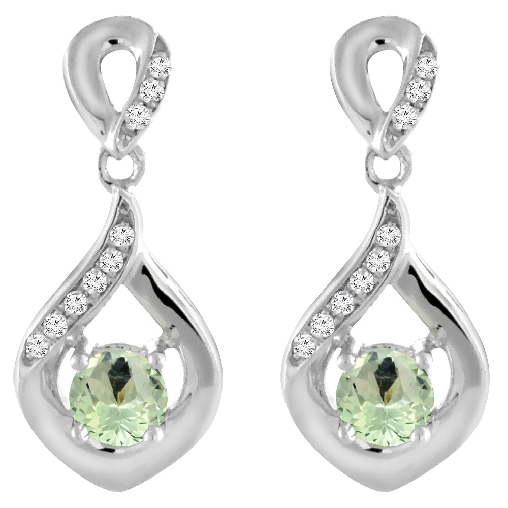 14K WHITE GOLD NATURAL GREEN AMETHYST EARRINGS WITH DIAMOND ACCENTS ROUND 4 MM
