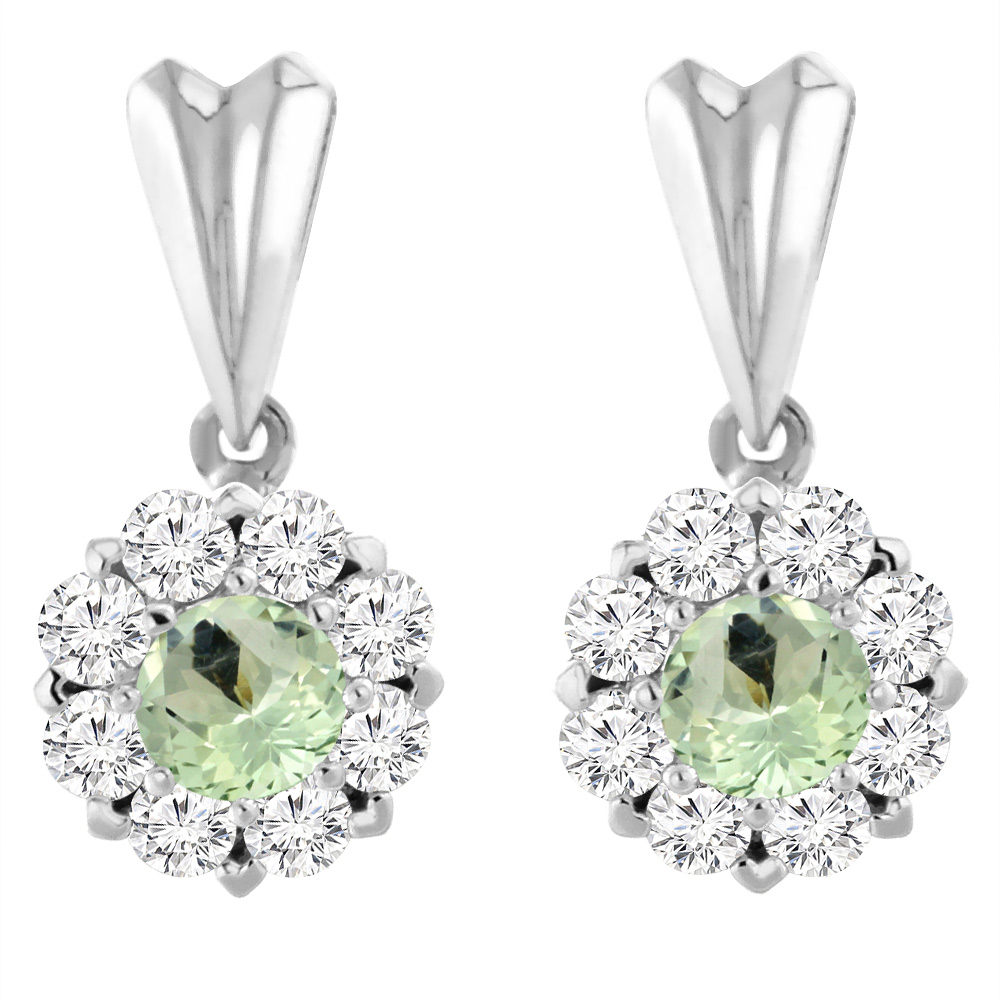 14K White Gold Natural Green Amethyst Earrings with Diamond Halo Round 4 mm