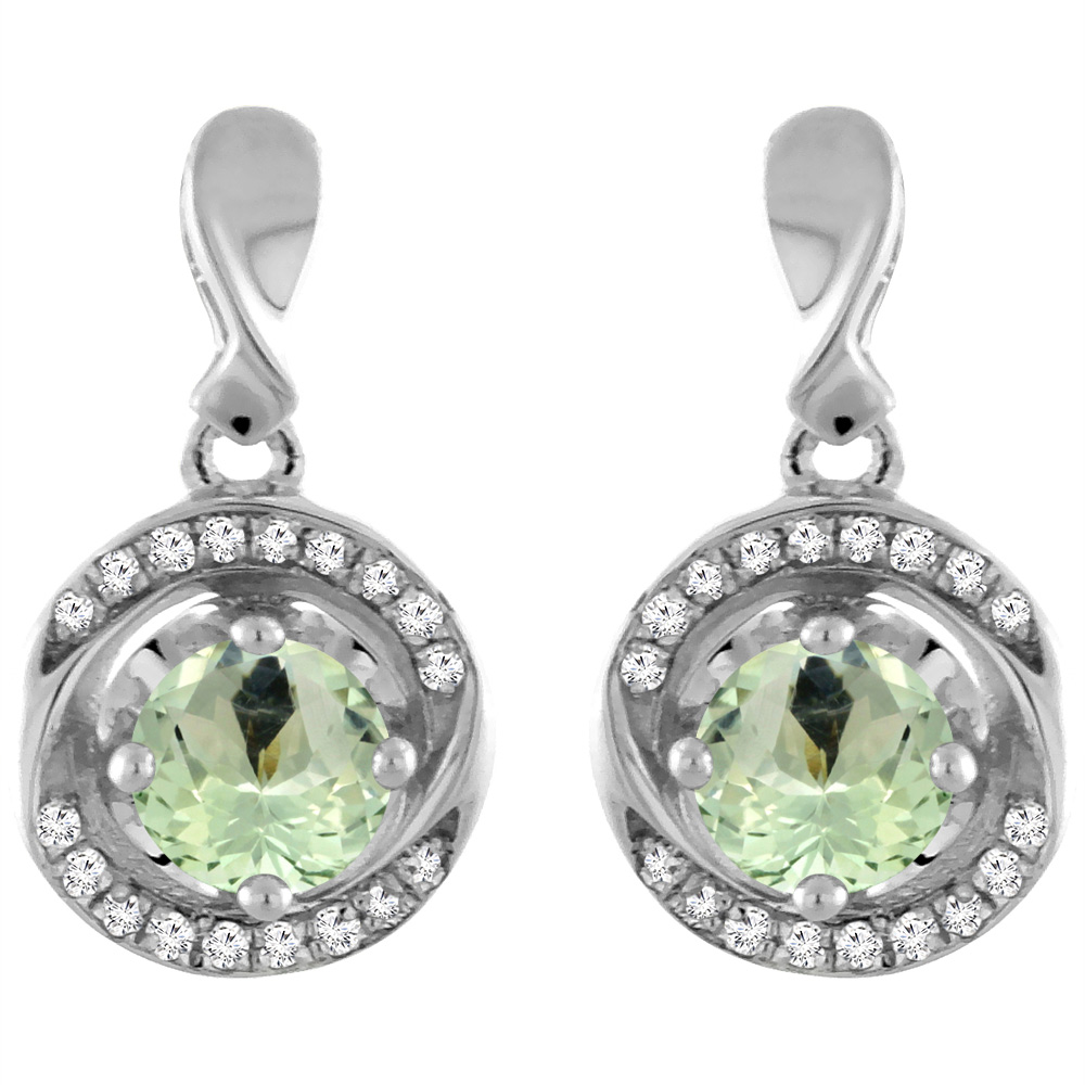 14K WHITE GOLD NATURAL GREEN AMETHYST EARRINGS WITH DIAMOND ACCENTS ROUND 4 MM