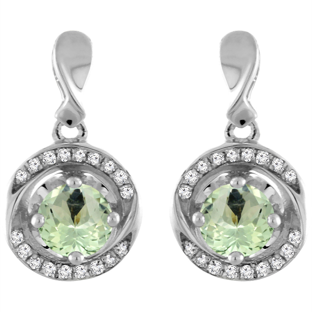 14K White Gold Natural Green Amethyst Earrings with Diamond Accents Round 4 mm