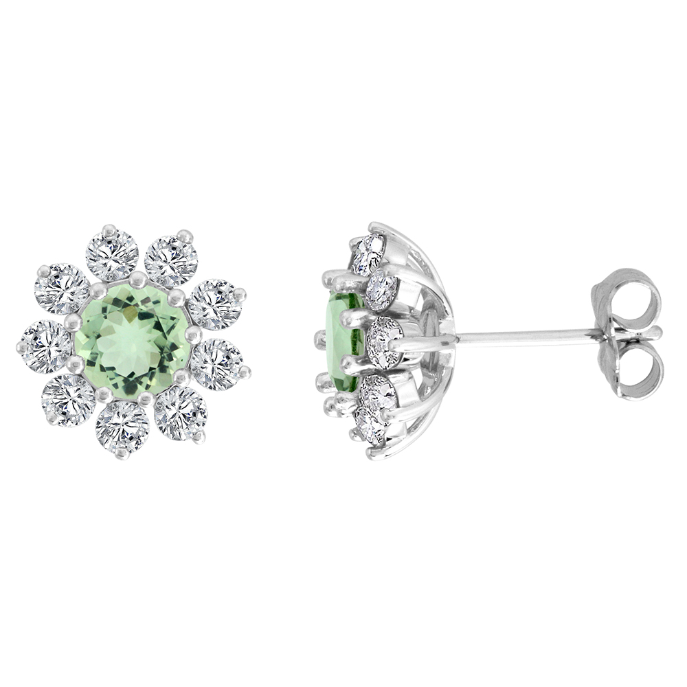 14K WHITE GOLD DIAMOND HALO GENUINE GREEN AMETHYST HALO STUD EARRINGS ROUND 6MM 7/16 INCH WIDE