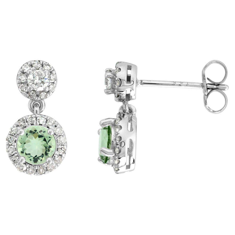 14K WHITE GOLD DIAMOND HALO GENUINE GREEN AMETHYST DROP EARRINGS ROUND BRILLIANT CUT 5MM 1/2 INCH LONG