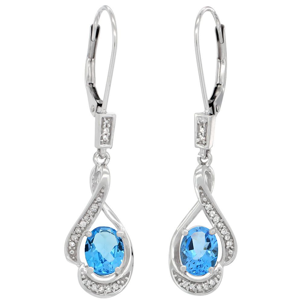 14K WHITE GOLD DIAMOND NATURAL SWISS BLUE TOPAZ LEVERBACK EARRINGS OVAL 7X5MM, 1 7/16 INCH LONG