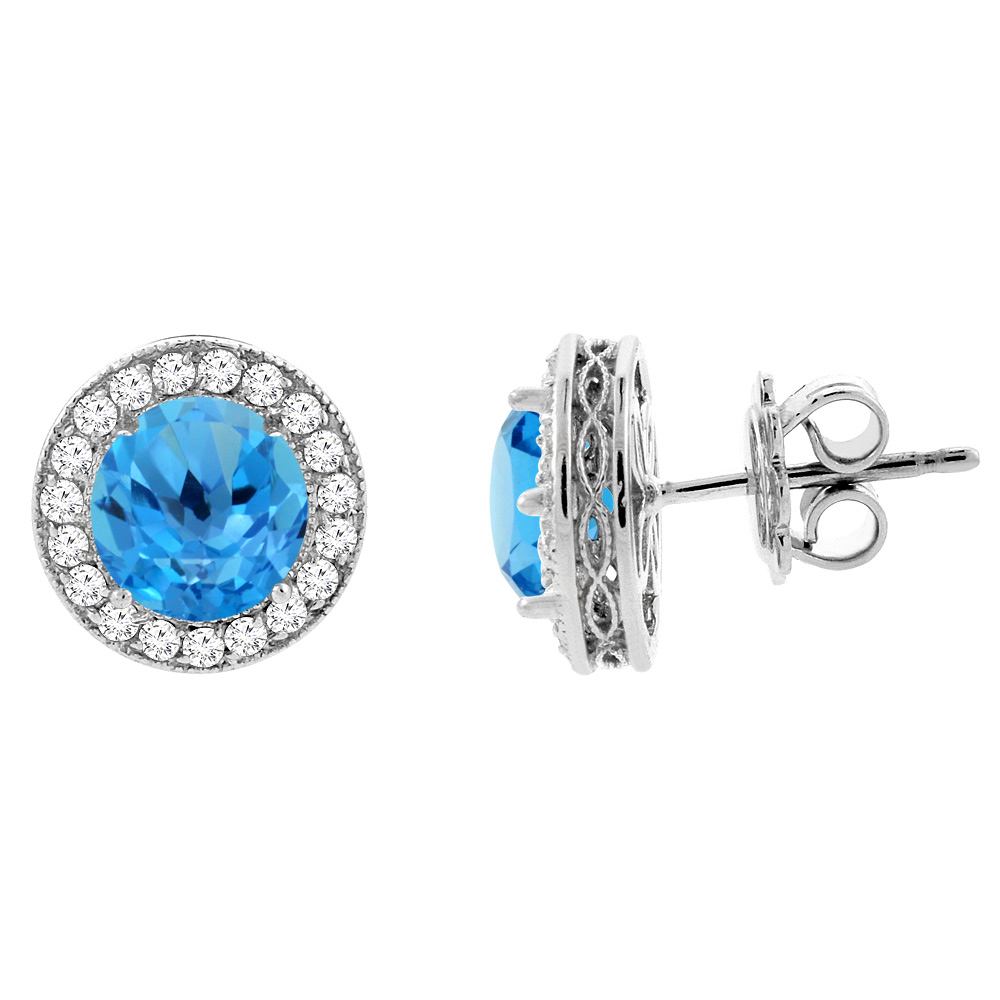 14K WHITE GOLD DIAMOND HALO GENUINE SWISS BLUE TOPAZ EARRINGS 0.6 CTTW 6MM ROUND, 1/2 INCH