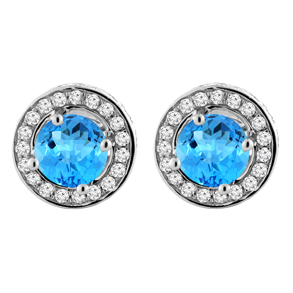 14K WHITE GOLD NATURAL SWISS BLUE TOPAZ EARRINGS WITH DIAMOND HALO ROUND 5 MM