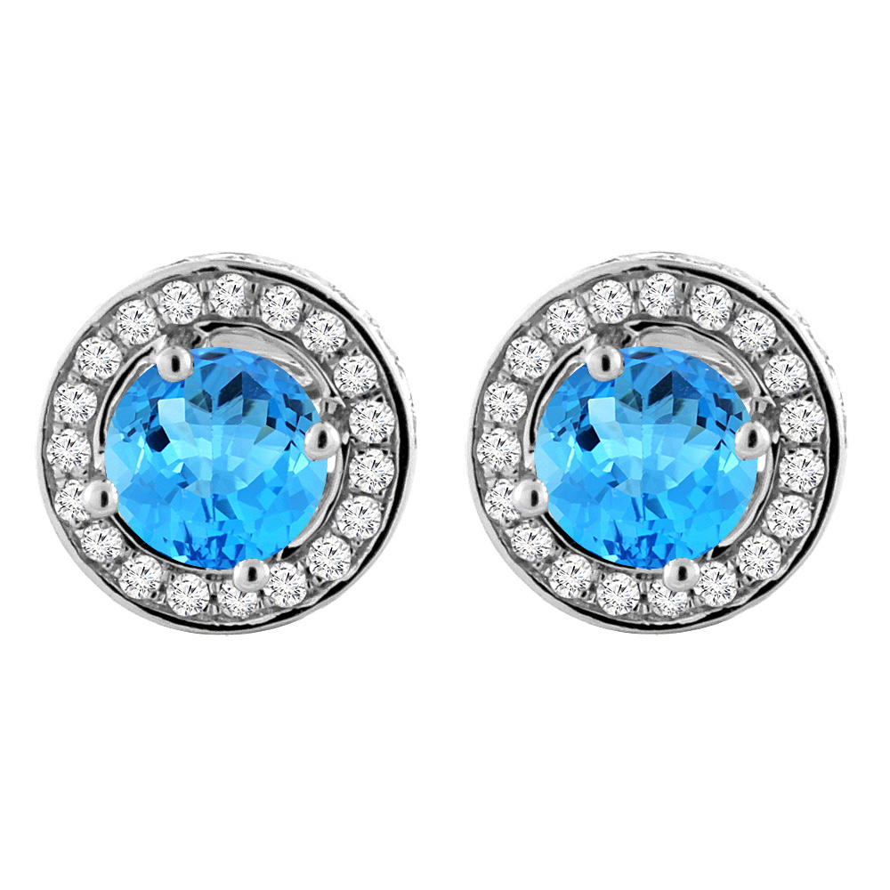 14K White Gold Natural Swiss Blue Topaz Earrings with Diamond Halo Round 5 mm