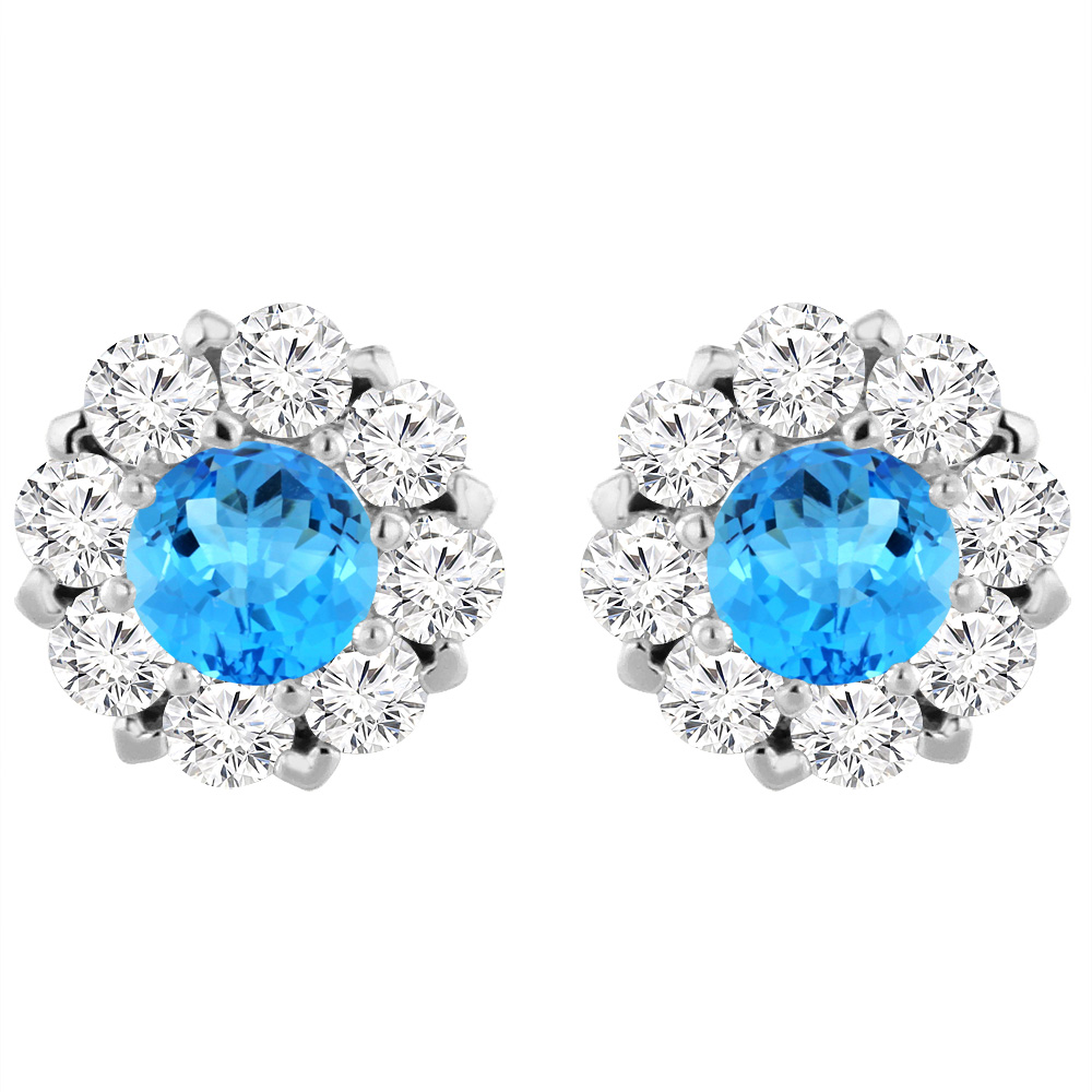 14K WHITE GOLD NATURAL SWISS BLUE TOPAZ EARRINGS WITH DIAMOND HALO ROUND 6 MM