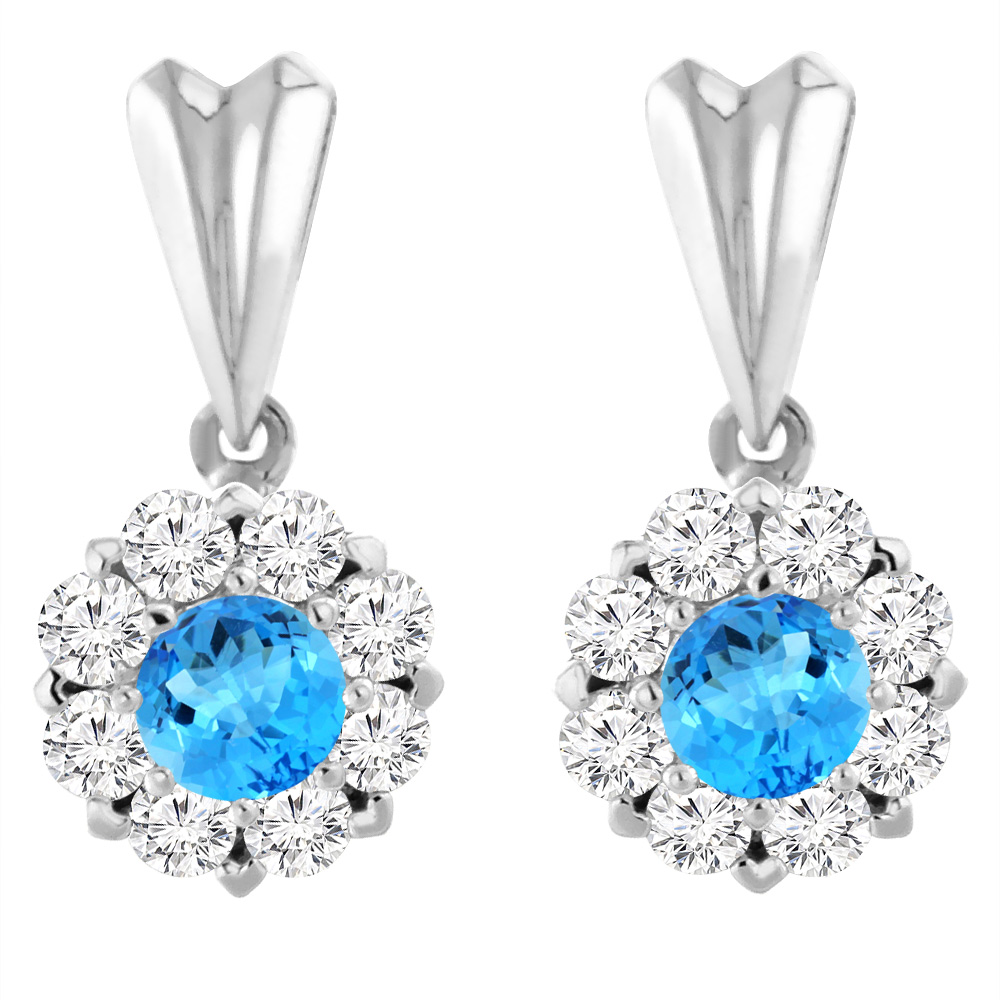 14K WHITE GOLD NATURAL SWISS BLUE TOPAZ EARRINGS WITH DIAMOND HALO ROUND 4 MM