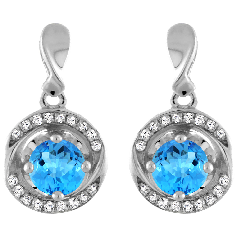 14K White Gold Natural Swiss Blue Topaz Earrings with Diamond Accents Round 4 mm