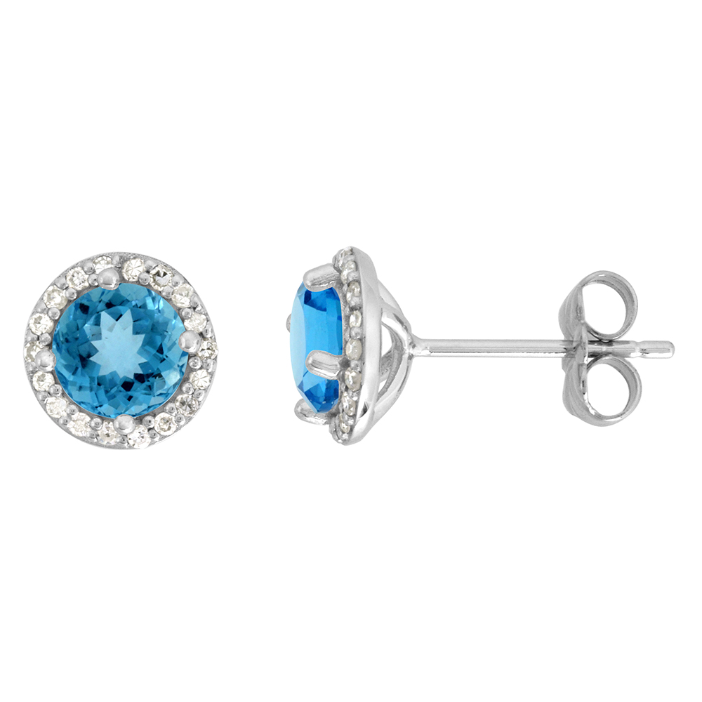 14K WHITE GOLD DIAMOND HALO GENUINE SWISS BLUE TOPAZ STUD EARRINGS ROUND 6MM
