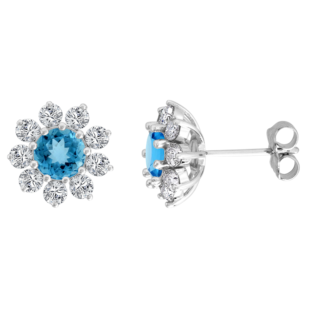 14K WHITE GOLD DIAMOND HALO GENUINE SWISS BLUE TOPAZ HALO STUD EARRINGS ROUND 6MM 7/16 INCH WIDE