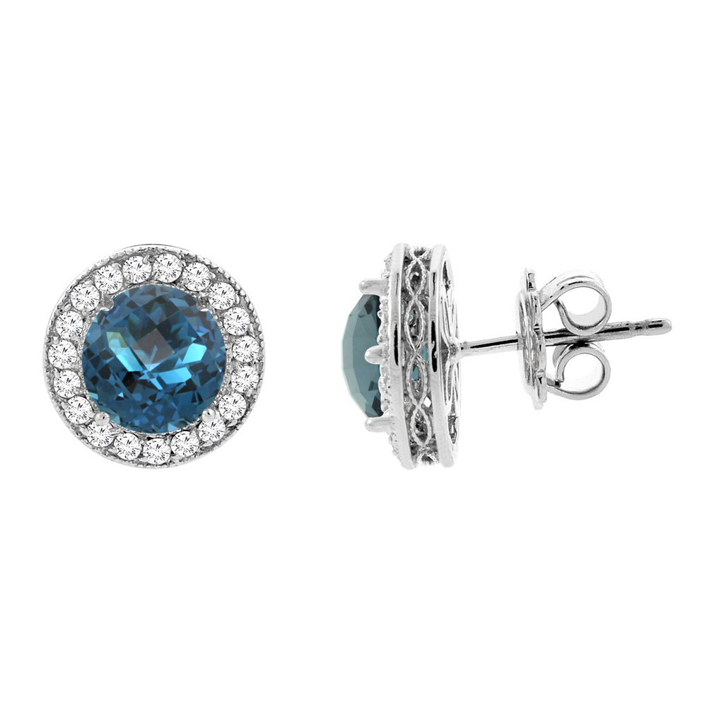 14K WHITE GOLD NATURAL LONDON BLUE TOPAZ HALO EARRINGS WITH DIAMOND ACCENT, 3/16 INCH WIDE