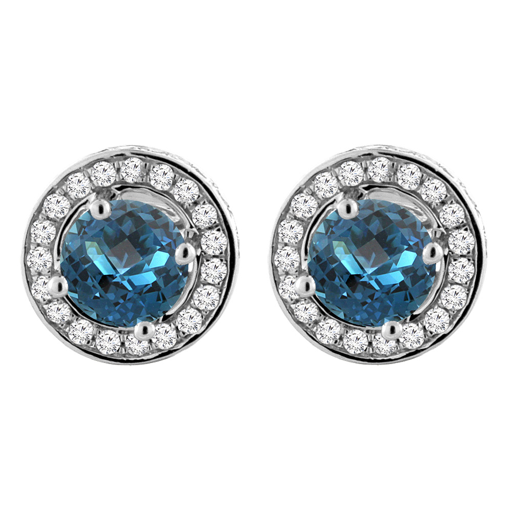 14K White Gold Natural London Blue Topaz Earrings with Diamond Halo Round 5 mm