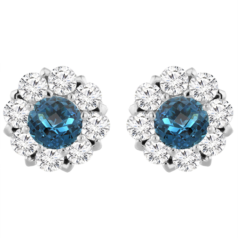 14K WHITE GOLD NATURAL LONDON BLUE TOPAZ EARRINGS WITH DIAMOND HALO ROUND 6 MM