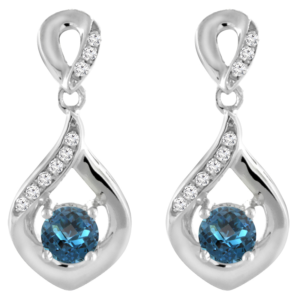 14K White Gold Natural London Blue Topaz Earrings with Diamond Accents Round 4 mm