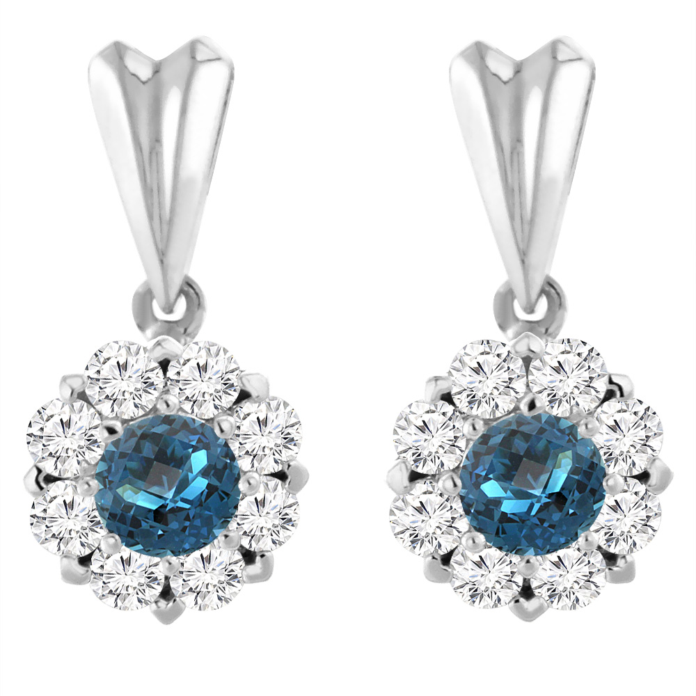 14K White Gold Natural London Blue Topaz Earrings with Diamond Halo Round 4 mm