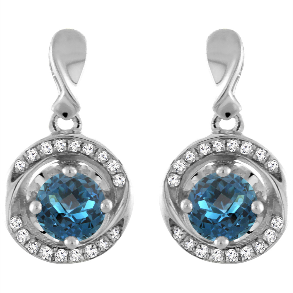 14K White Gold Natural London Blue Topaz Earrings with Diamond Accents Round 4 mm