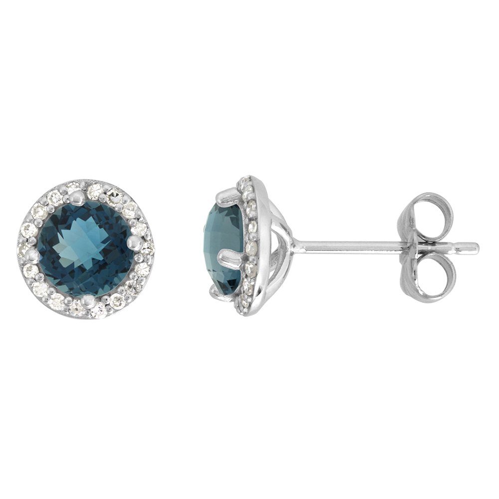 14K WHITE GOLD DIAMOND HALO GENUINE LONDON BLUE TOPAZ STUD EARRINGS ROUND 6MM