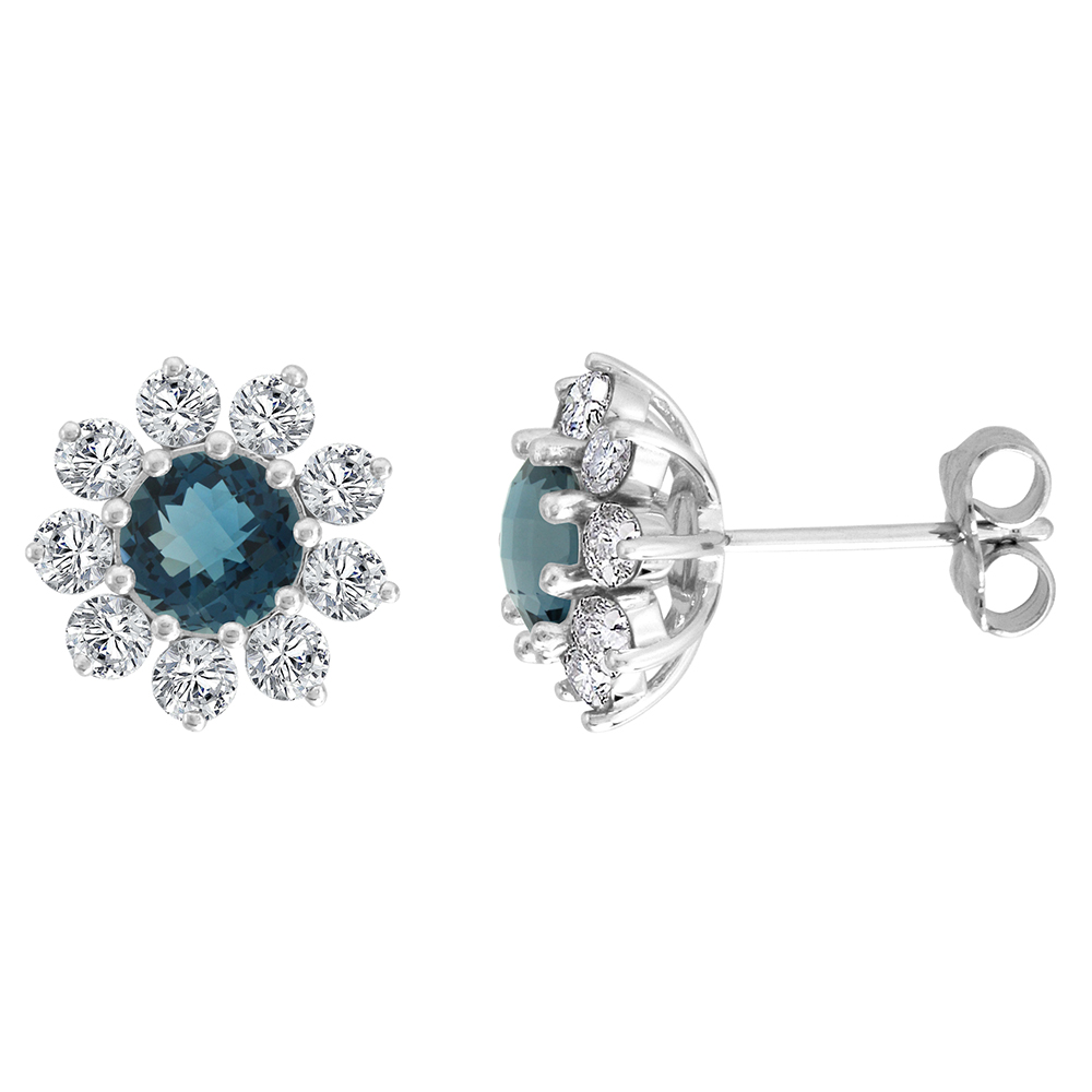 14K WHITE GOLD DIAMOND HALO GENUINE LONDON BLUE TOPAZ HALO STUD EARRINGS ROUND 6MM 7/16 INCH WIDE
