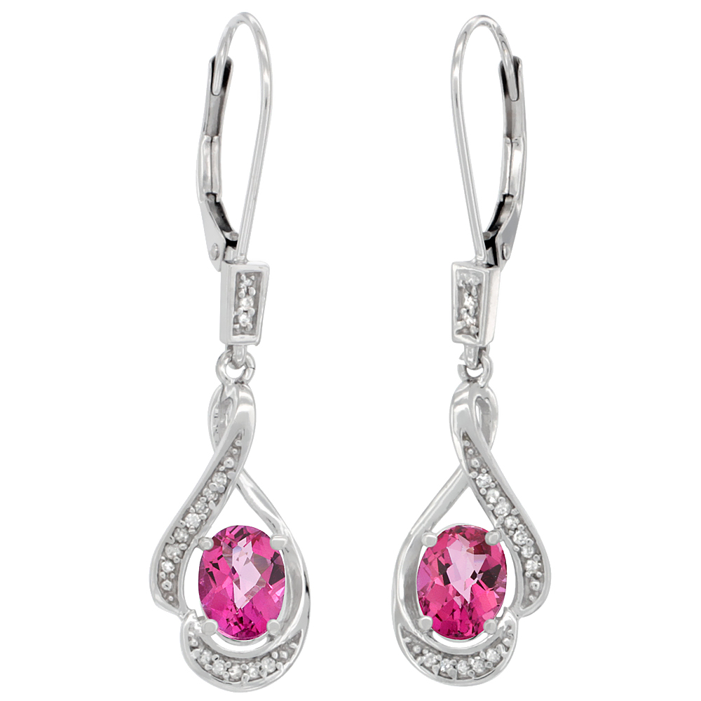14K WHITE GOLD DIAMOND NATURAL PINK SAPPHIRE LEVERBACK EARRINGS OVAL 7X5 MM, 1 7/16 INCH LONG