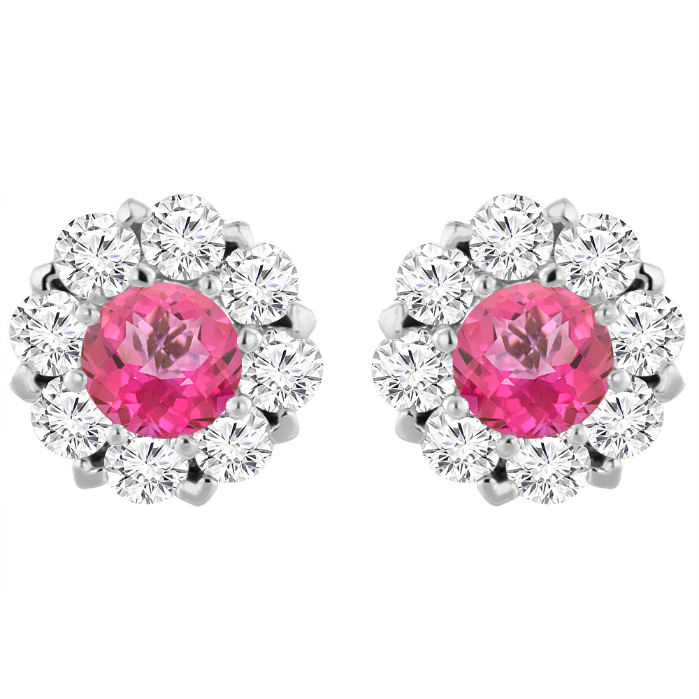 14K WHITE GOLD NATURAL PINK TOPAZ EARRINGS WITH DIAMOND HALO ROUND 6 MM