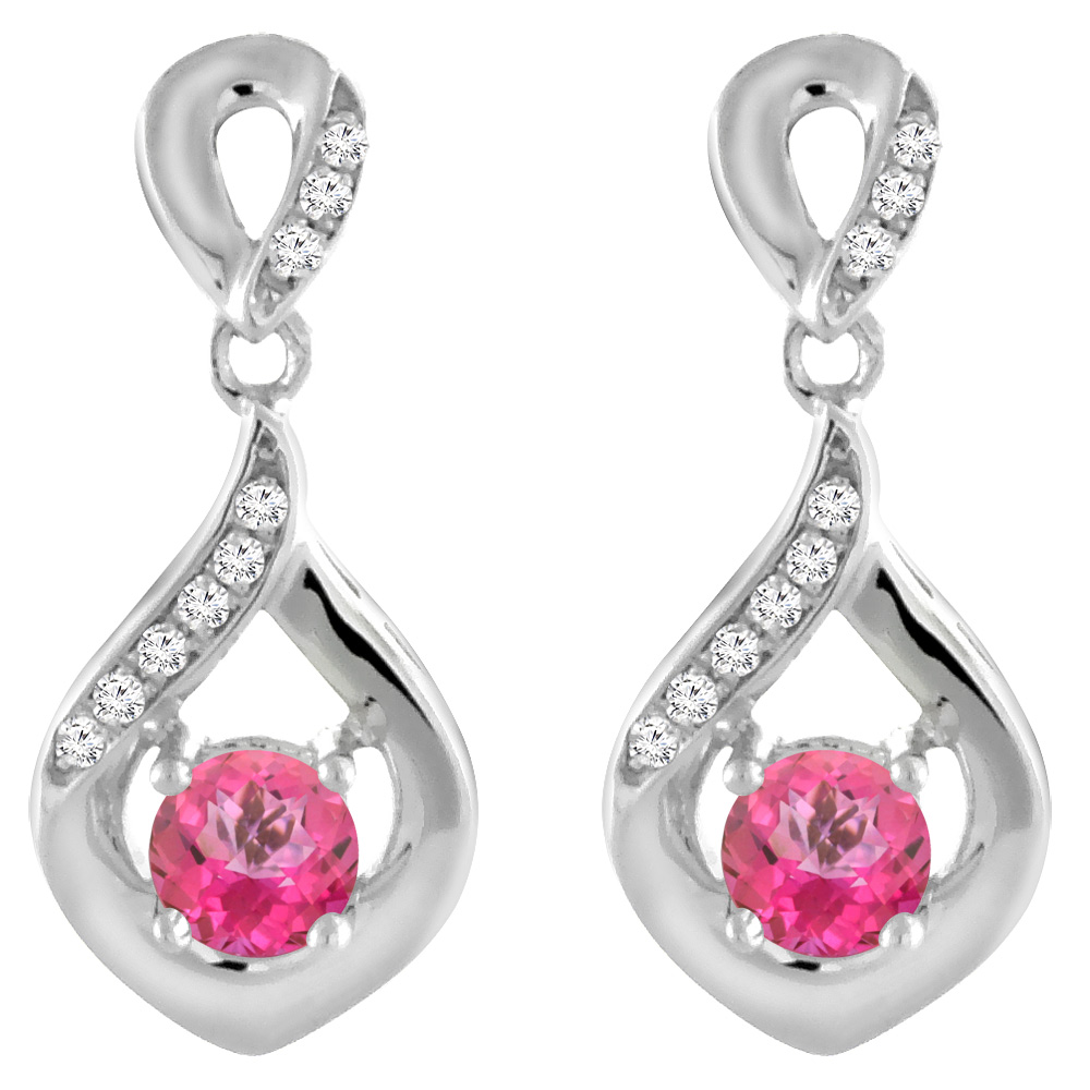 14K WHITE GOLD NATURAL PINK TOPAZ EARRINGS WITH DIAMOND ACCENTS ROUND 4 MM