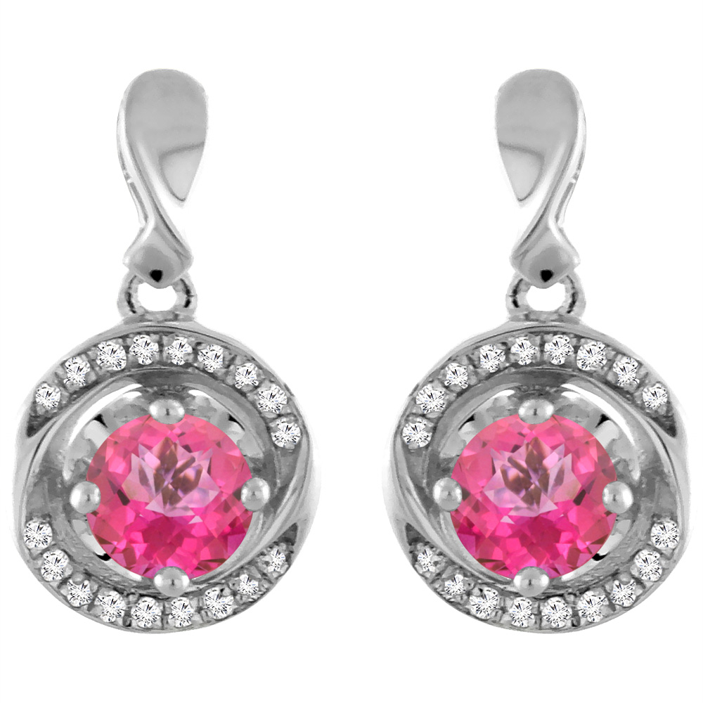 14K WHITE GOLD NATURAL PINK TOPAZ EARRINGS WITH DIAMOND ACCENTS ROUND 4 MM