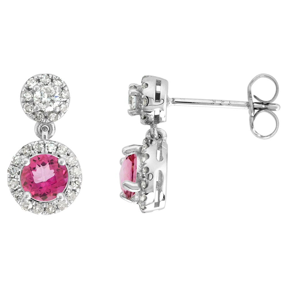 14K WHITE GOLD DIAMOND HALO GENUINE PINK TOPAZ DROP EARRINGS ROUND BRILLIANT CUT 5MM 1/2 INCH LONG