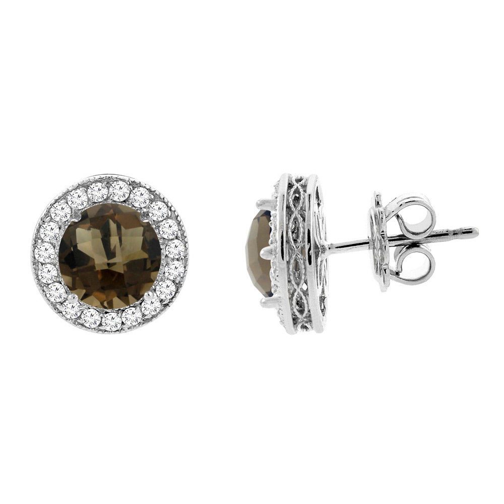 14K WHITE GOLD NATURAL SMOKY TOPAZ HALO EARRINGS WITH DIAMOND ACCENT, 3/16 INCH WIDE