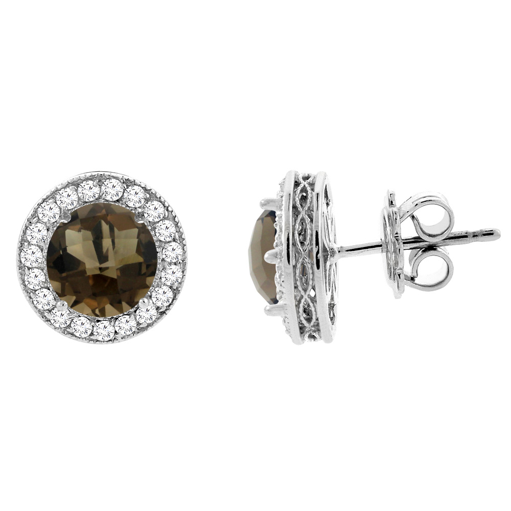 14K WHITE GOLD DIAMOND HALO GENUINE SMOKY TOPAZ EARRINGS 0.6 CTTW 6MM ROUND, 1/2 INCH