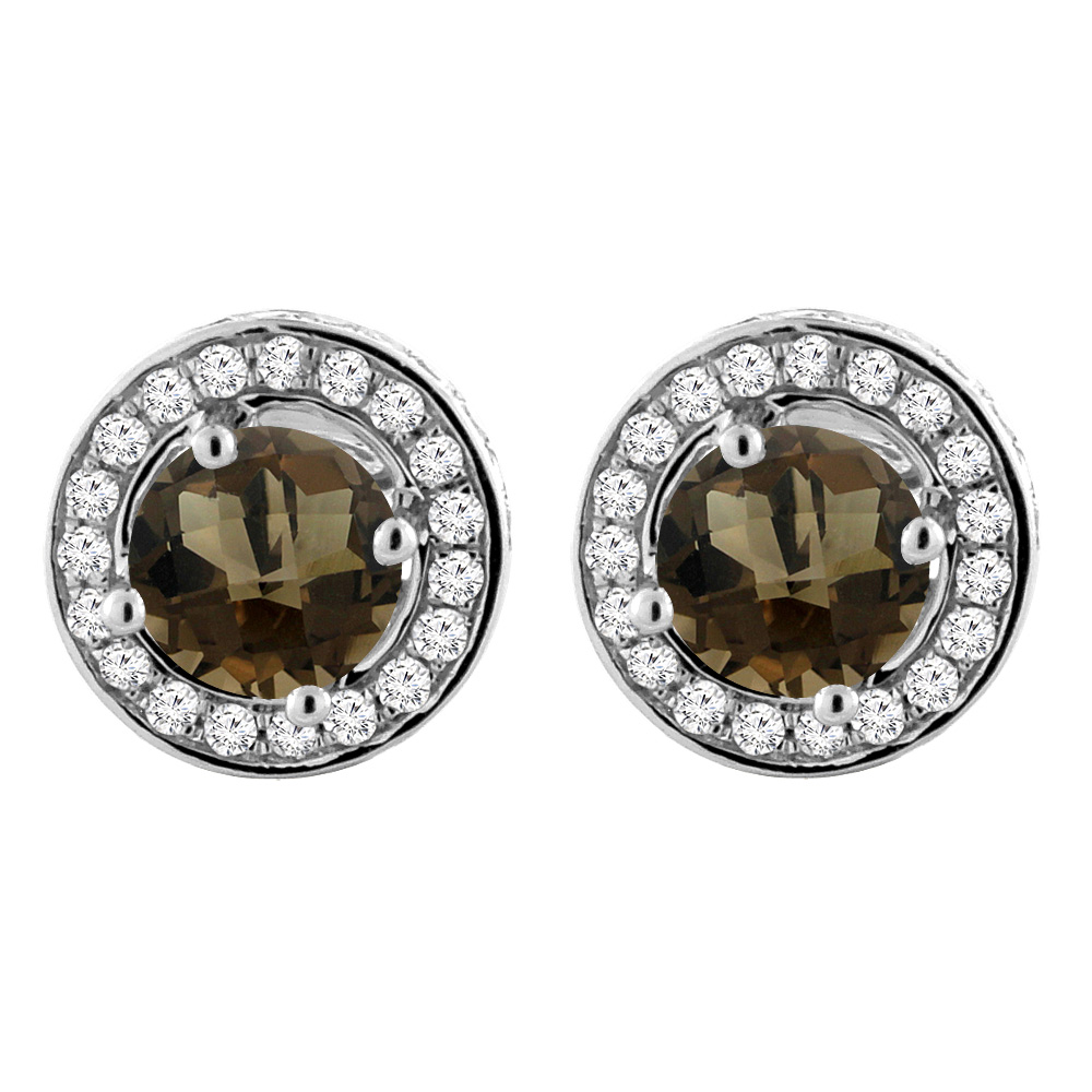 14K WHITE GOLD NATURAL SMOKY TOPAZ EARRINGS WITH DIAMOND HALO ROUND 5 MM
