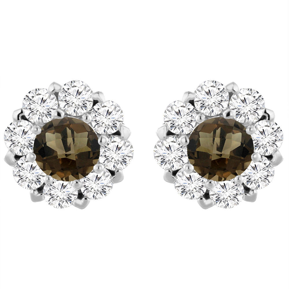 14K WHITE GOLD NATURAL SMOKY TOPAZ EARRINGS WITH DIAMOND HALO ROUND 6 MM