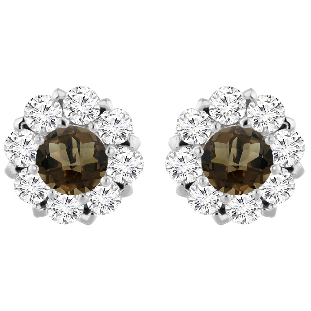 14K White Gold Natural Smoky Topaz Earrings with Diamond Halo Round 6 mm