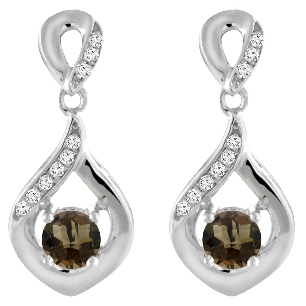 14K WHITE GOLD NATURAL SMOKY TOPAZ EARRINGS WITH DIAMOND ACCENTS ROUND 4 MM