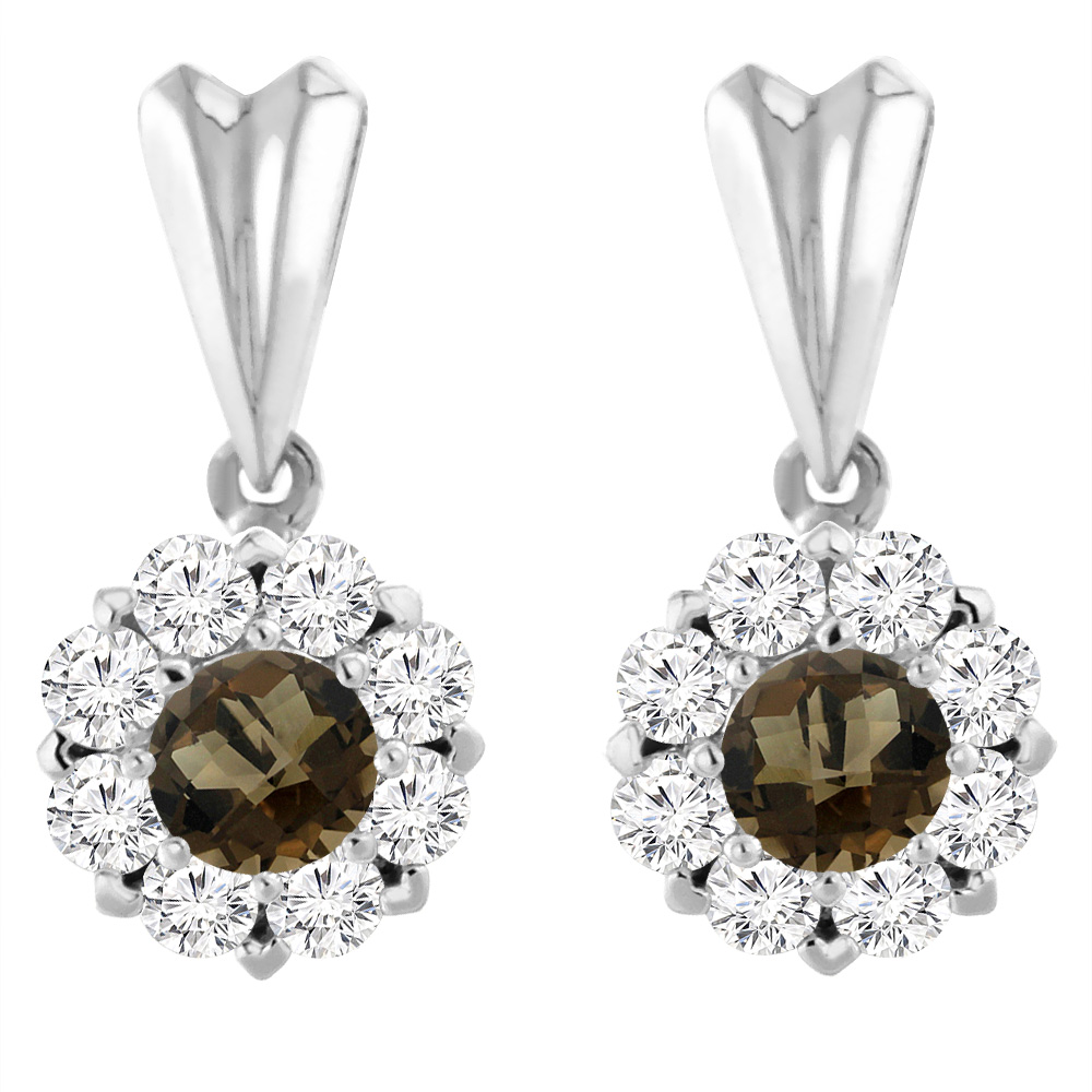 14K White Gold Natural Smoky Topaz Earrings with Diamond Halo Round 4 mm