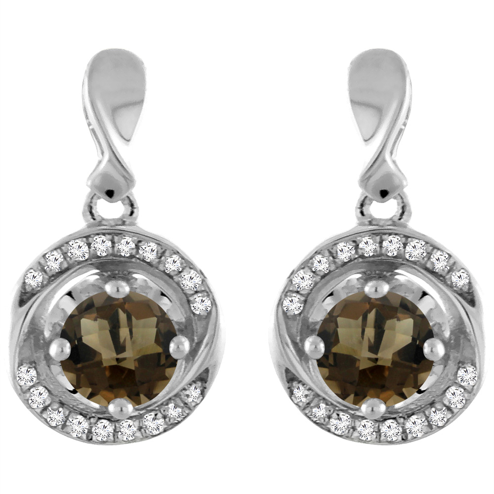 14K WHITE GOLD NATURAL SMOKY TOPAZ EARRINGS WITH DIAMOND ACCENTS ROUND 4 MM