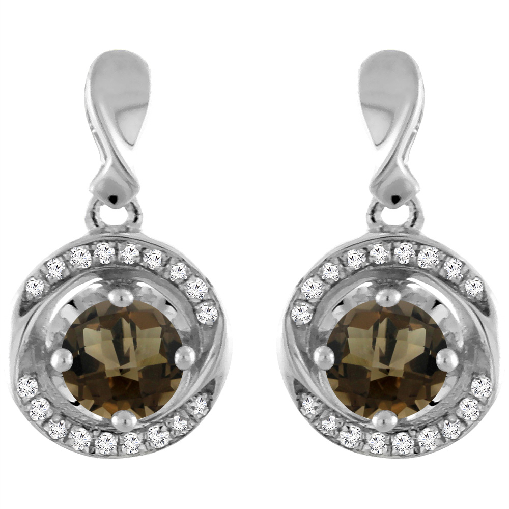 14K White Gold Natural Smoky Topaz Earrings with Diamond Accents Round 4 mm